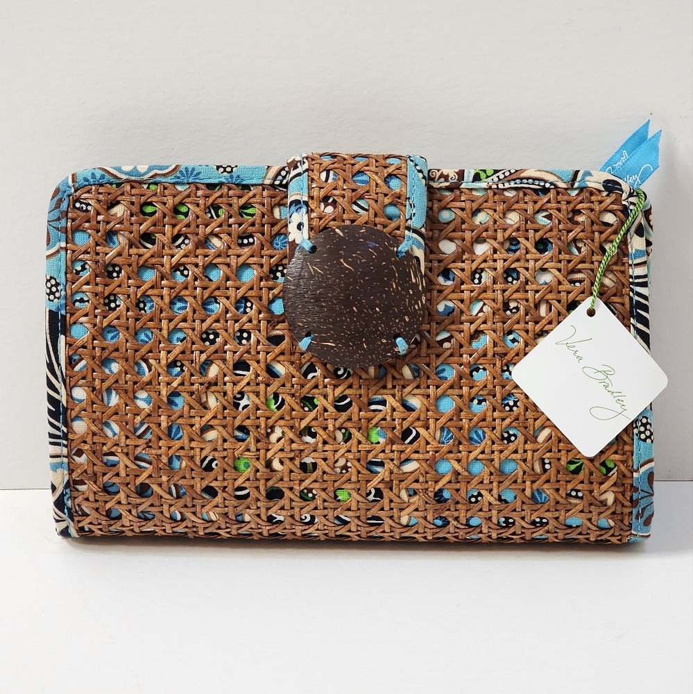 Vera Bradley Unique Brown and Blue Fabric with Woven Cane Clutch NWT